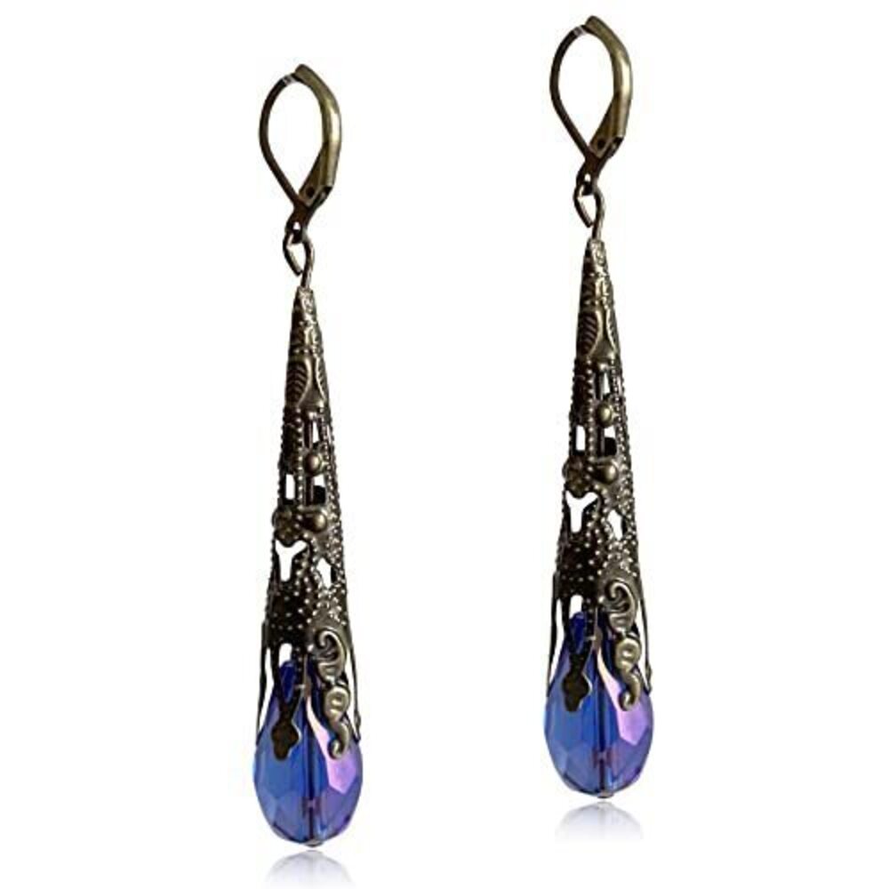 1422 Indian Ethnic Vintage Gold Brone Sparkly Crystal Teardrop Dangle Drop